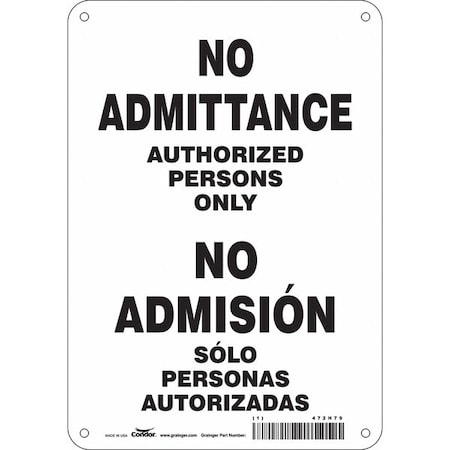 Condor Safety Sign, 10 in H, 7 in W, Polyethylene, Horizontal Rectangle, English, Spanish, 472H79 472H79
