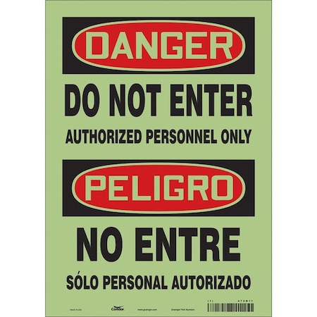 Condor Safety Sign, 14 in Height, 10 in Width, Glow Vinyl, Vertical Rectangle, English, Spanish 472N11