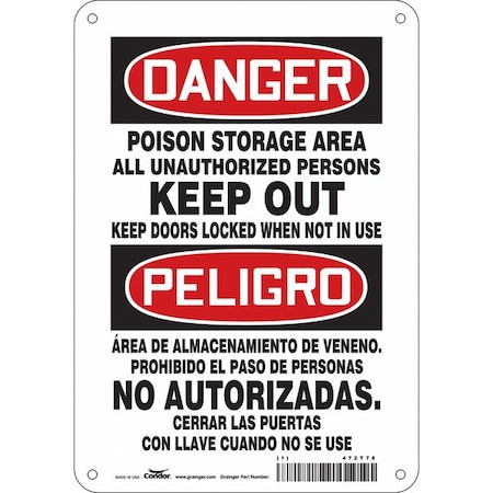 Condor Safety Sign, 10 in H, 7 in W, Polyethylene, Horizontal Rectangle, English, Spanish, 472T78 472T78
