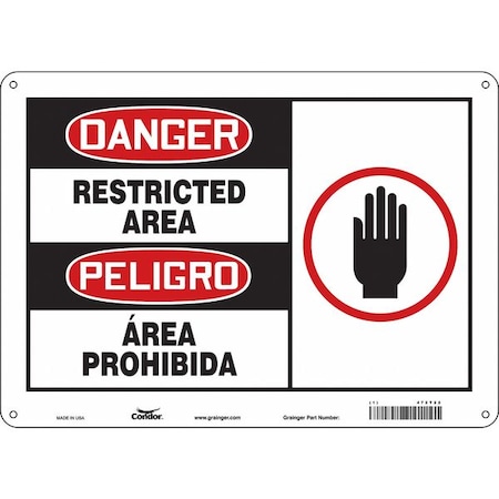 Condor Safety Sign, 10 in H, 14 in W, Aluminum, Horizontal Rectangle, English, Spanish, 472T22 472T22