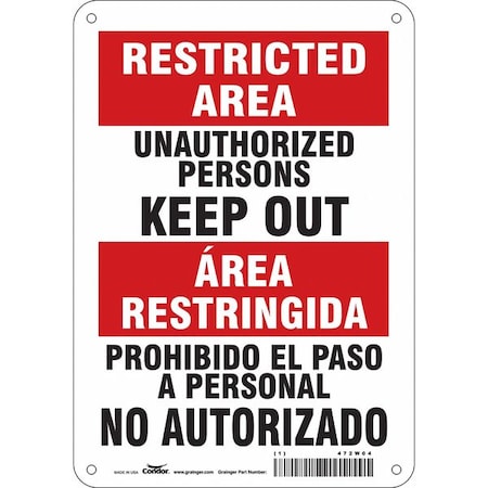 Condor Safety Sign, 10 in H, 7 in W, Polyethylene, Horizontal Rectangle, English, Spanish, 472W04 472W04