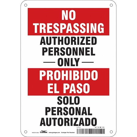 Condor Safety Sign, 10 in H, 7 in W, Polyethylene, Horizontal Rectangle, English, Spanish, 472W10 472W10