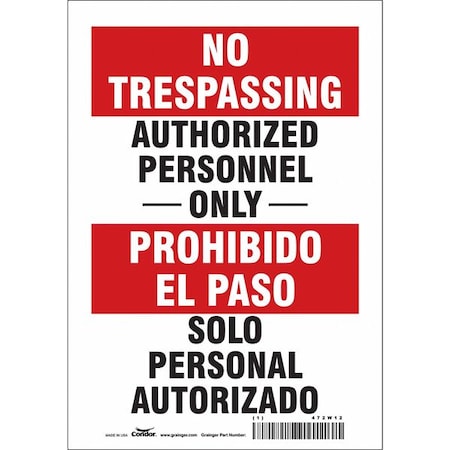 Condor Safety Sign, 10 in Height, 7 in Width, Vinyl, Horizontal Rectangle, English, Spanish, 472W12 472W12