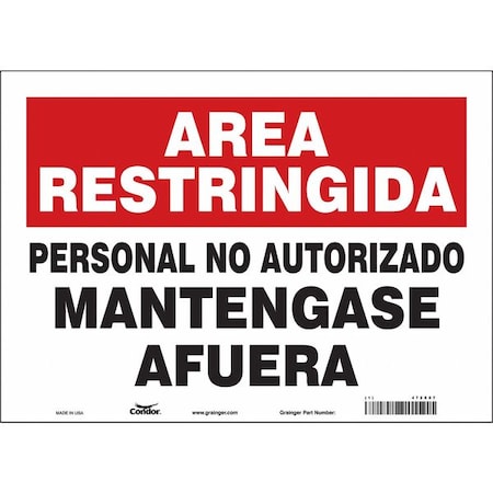 Condor Safety Sign, 10 in Height, 14 in Width, Vinyl, Horizontal Rectangle, Spanish 472X07