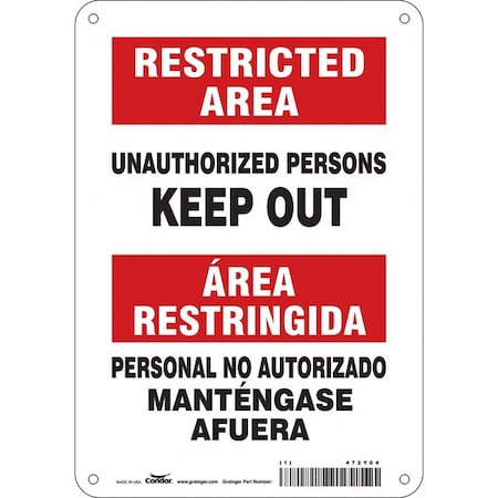 Condor Safety Sign, 10 in H, 7 in W, Polyethylene, Horizontal Rectangle, English, Spanish, 472Y04 472Y04