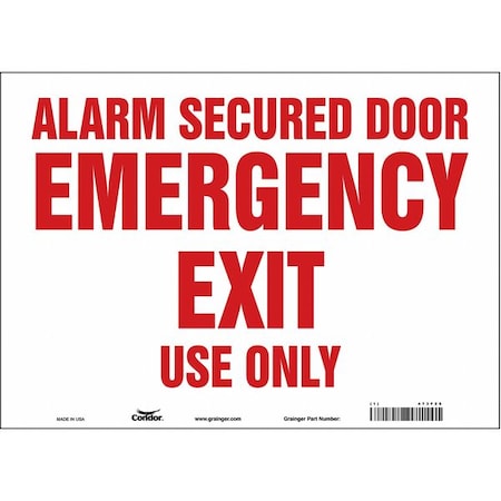 Condor Exit Sign, Vinyl, 14" W, 10" H, Alarm Secured Door Emergency Exit Use Only, White 473F26