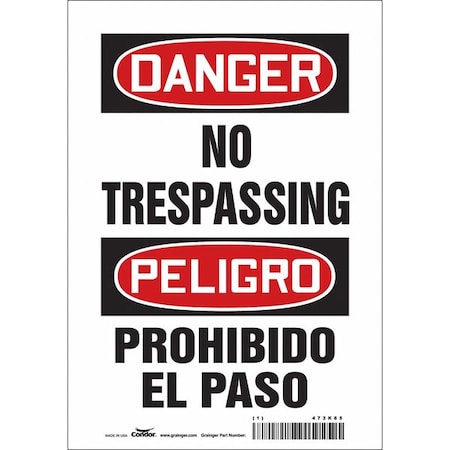 Condor Safety Sign, 10 in Height, 7 in Width, Vinyl, Horizontal Rectangle, English, Spanish, 473K85 473K85