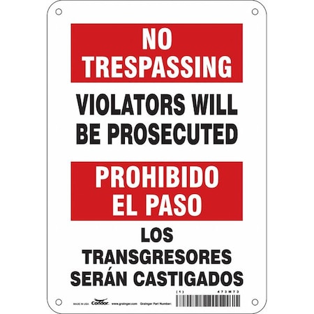 Condor Safety Sign, 10 in H, 7 in W, Polyethylene, Horizontal Rectangle, English, Spanish, 473M73 473M73