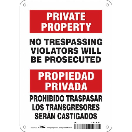 Condor Safety Sign, 10 in H, 7 in W, Polyethylene, Horizontal Rectangle, English, Spanish, 473M31 473M31