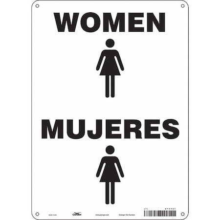 Condor Restroom Sign, WOMEN/MUJERES, 10 in W x 14 in H, Vertical Rectangle, Polyethylene, 473Y81 473Y81