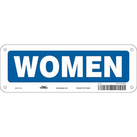 Condor Restroom Sign, WOMEN, 10 in W x 3 1/2 in H, Vertical Rectangle, Polyethylene, 473Y20 473Y20