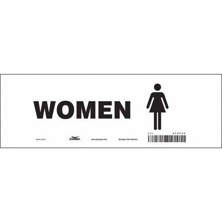 Condor Restroom Sign, WOMEN, 12 in W x 4 in H, Vertical Rectangle, Vinyl, 473Y25 473Y25