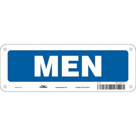 Condor Restroom Sign, MEN, 10 in W x 3 1/2 in H, Vertical Rectangle, Aluminum, 473Z17 473Z17
