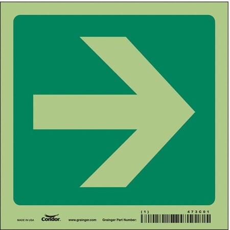 Condor Directional Sign, Right Arrow, 6 in W x 6 in H, Square, Glow Vinyl, 473C01 473C01