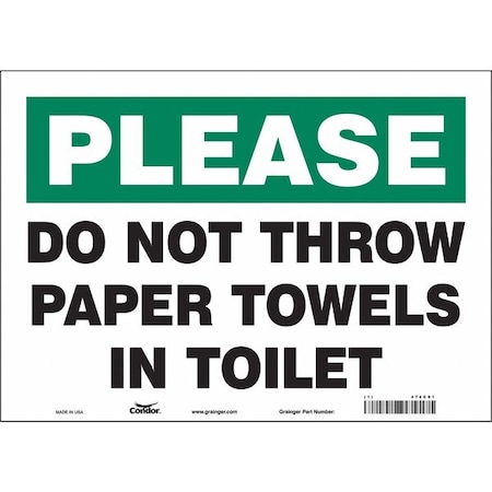 Condor DO NOT THROW PAPER TOWELS IN TOILET, 14 in W x 10 in H, Horizontal Rectangle, Vinyl, 474C01 474C01