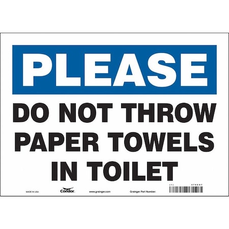 Condor DO NOT THROW PAPER TOWELS IN TOILET, 14 in W x 10 in H, Horizontal Rectangle, Vinyl, 474C07 474C07