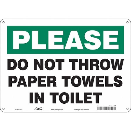 Condor DO NOT THROW PAPER TOWELS IN TOILET, 14 in W x 10 in H, Horizontal Rectangle, Polyethylene, 474A98 474A98
