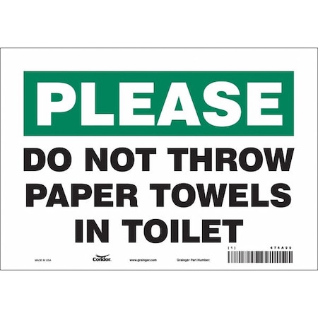 Condor DO NOT THROW PAPER TOWELS IN TOILET, 10 in W x 7 in H, Vertical Rectangle, Vinyl, 474A99 474A99