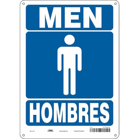 Condor Restroom Sign, MEN/HOMBRES, 10 in W x 14 in H, Vertical Rectangle, Polyethylene, 474A50 474A50