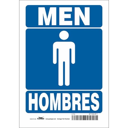 Condor Restroom Sign, MEN/HOMBRES, 7 in W x 10 in H, Horizontal Rectangle, Vinyl, 474A51 474A51
