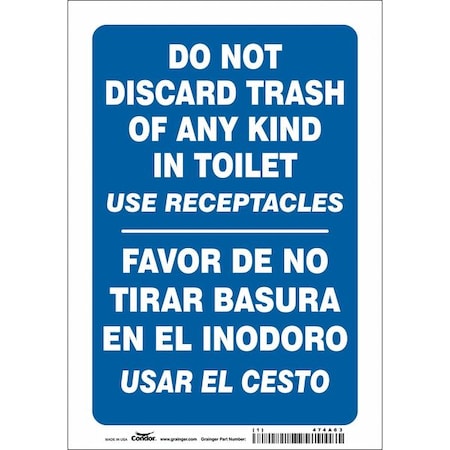 Condor Do Not Discard Trash of Any Kind In Toilet, 7 in W x 10 in H, Horizontal Rectangle, Vinyl, 474A63 474A63