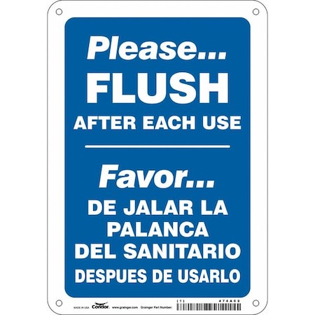 Condor PLEASE. FLUSH AFTER EACH USE, Spanish-Bilingual, 7 in W x 10 in H, Vinyl, 474A69 474A69