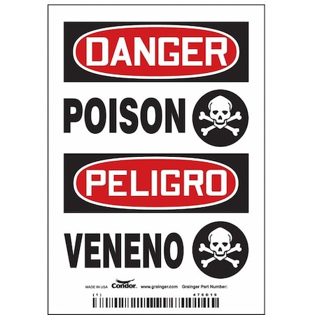 Condor Safety Sign, 5 in Height, 3 1/2 in Width, Vinyl, Vertical Rectangle, English, Spanish 476D19
