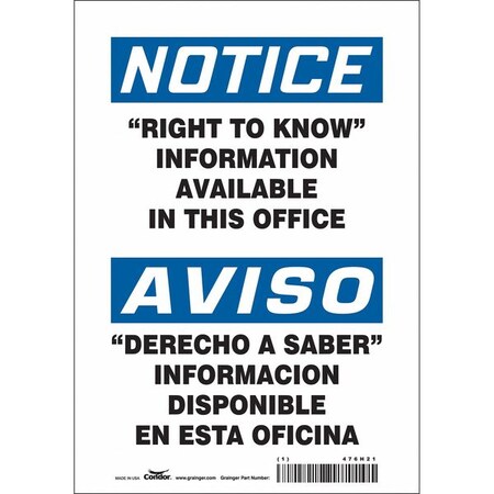 Condor Safety Sign, 10 in x 7 in, Vinyl 476H21