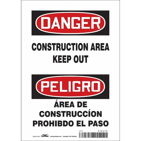 Condor Safety Sign, 10 in Height, 7 in Width, Polyethylene, Horizontal Rectangle, English, Spanish 476J76