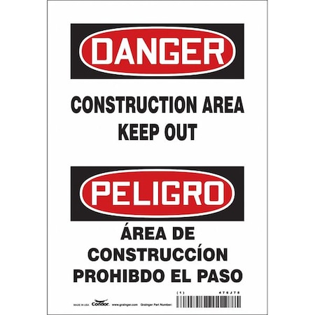 Condor Safety Sign, 10 in Height, 7 in Width, Vinyl, Horizontal Rectangle, English, Spanish, 476J78 476J78