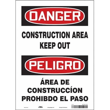 Condor Danger, CONSTRUCTION AREA KEEP OUT, Spanish-Bilingual, 10 in W x 14 in H, Vinyl, 476J79 476J79