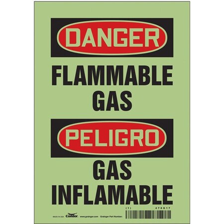 Condor Safety Sign, 10 in H, 7 in W, Glow Vinyl, Horizontal Rectangle, English, Spanish, 478G17 478G17