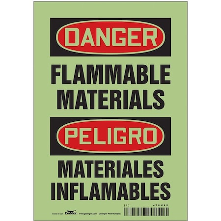 Condor Safety Sign, 10 in H, 7 in W, Glow Vinyl, Horizontal Rectangle, English, Spanish, 478H95 478H95
