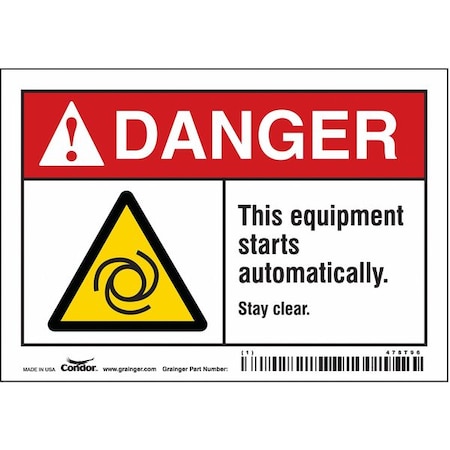 Condor Safety Sign, 3 1/2 in Height, 5 in Width, Vinyl, Horizontal Rectangle, English, 478T96 478T96