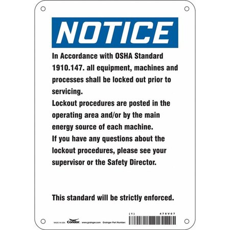 Condor Safety Sign, 10 in Height, 7 in Width, Polyethylene, Horizontal Rectangle, English, 478V07 478V07