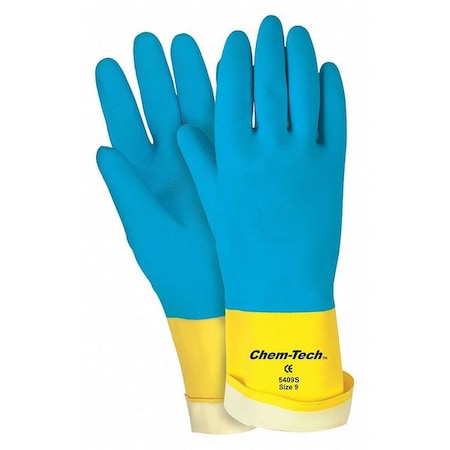 Mcr Safety Chem-Tech Chemical Resistant Gloves, Natural Rubber Latex, 12 in L, 28 mil, Blue, Yellow, M, 12 PK 5408S