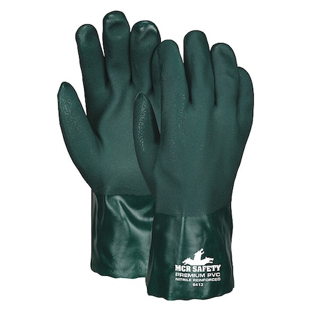 Mcr Safety 6412 Chemical Resistant Gloves, PVC, 12 in L, Not Rated, Green, L, 12 PK 6412