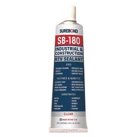Surebond Acetoxy Cure Silicone Sealant, 2.8 oz, Clear, Temp Range -62 to 350 Degrees F SB-180 SQ CL