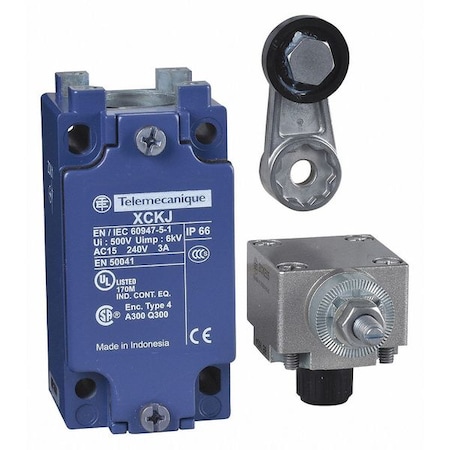 Telemecanique Sensors Limit Switch, Roller Lever, Rotary, 1NC/1NO, 10A at 240V AC, Actuator Location: Side XCKJ10511