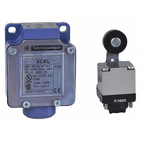 Telemecanique Sensors Limit Switch, Roller Lever, Rotary, 1NC/1NO, 10A at 240V AC, Actuator Location: Top XCKL115