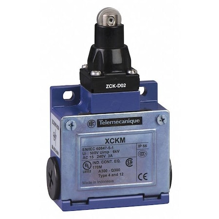 Telemecanique Sensors Limit Switch, Plunger, Roller, 1NC/1NO, 10A at 240V AC, Actuator Location: Top XCKM102H7