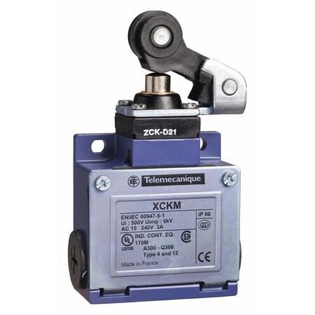 Telemecanique Sensors Limit Switch, Plunger, Roller, 1NC/1NO, 10A at 240V AC, Actuator Location: Top XCKM121H29