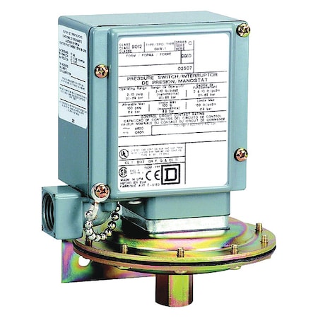 Telemecanique Sensors Pressure Switch, (1) Port, 1/4-18 in FNPT, DPDT, 0.2 to 10 psi 9012GAW21