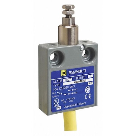 Telemecanique Sensors Limit Switch, Plunger, Spring Return, SPDT, 10A @ 240V AC, Actuator Location: Top 9007MS09S0200