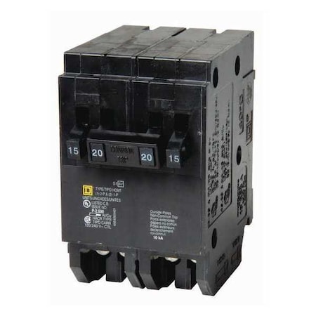 Square D Miniature Circuit Breaker, HOMELINE Series, 15A, 2x1, 1x2 Pole, 120/240V AC, 10kA at 120V AC HOMT1515215