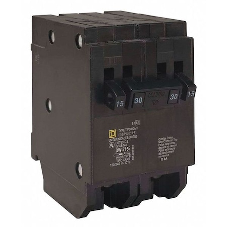 Square D Miniature Circuit Breaker, HOMELINE Series, 15A, 2x1, 1x2 Pole, 120/240V AC, 10kA at 120V AC HOMT1515240