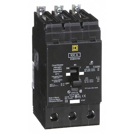 Square D Miniature Circuit Breaker, E FRAME Series, 100A, 3 Pole, 277/480V AC, 65kA at 120V AC EGB34100