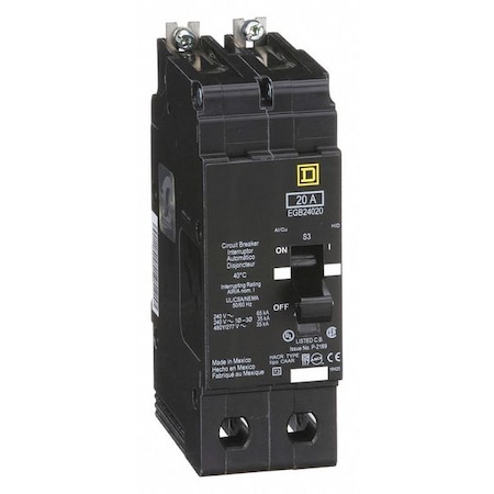 Square D Miniature Circuit Breaker, E FRAME Series, 20A, 2 Pole, 277/480V AC, 65kA at 120V AC EGB24020