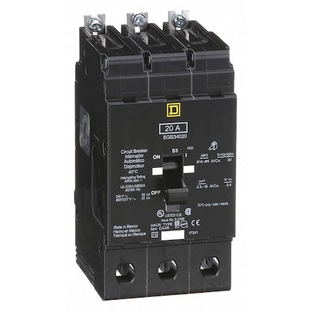 Square D Miniature Circuit Breaker, E FRAME Series, 20A, 3 Pole, 277/480V AC, 65kA at 120V AC EGB34020