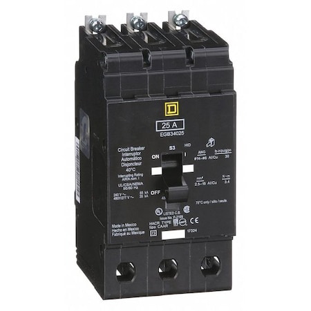 Square D Miniature Circuit Breaker, E FRAME Series, 25A, 3 Pole, 277/480V AC, 65kA at 120V AC EGB34025